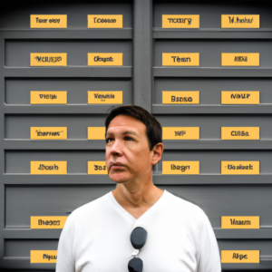 An image that showcases a homeowner standing in front of a garage, with a thoughtful expression, contemplating various garage door options displayed on a wall, each labeled with price tags